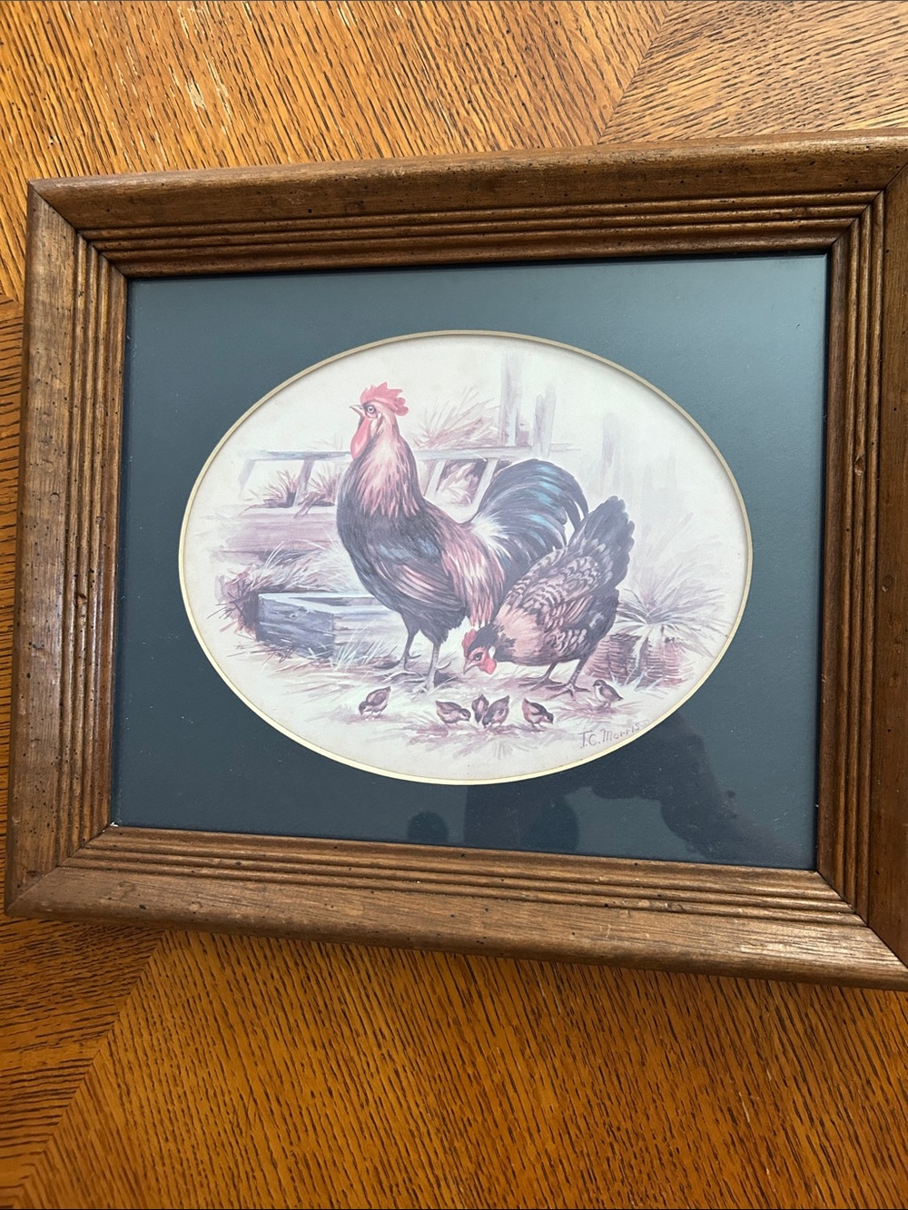 Vintage Framed Rooster & Hen Print in Wood Frame - Brown